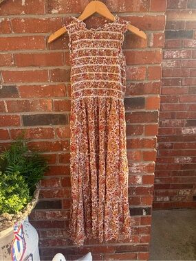BOHERA Smocked Floral Maxi Dress in Rust and Cream